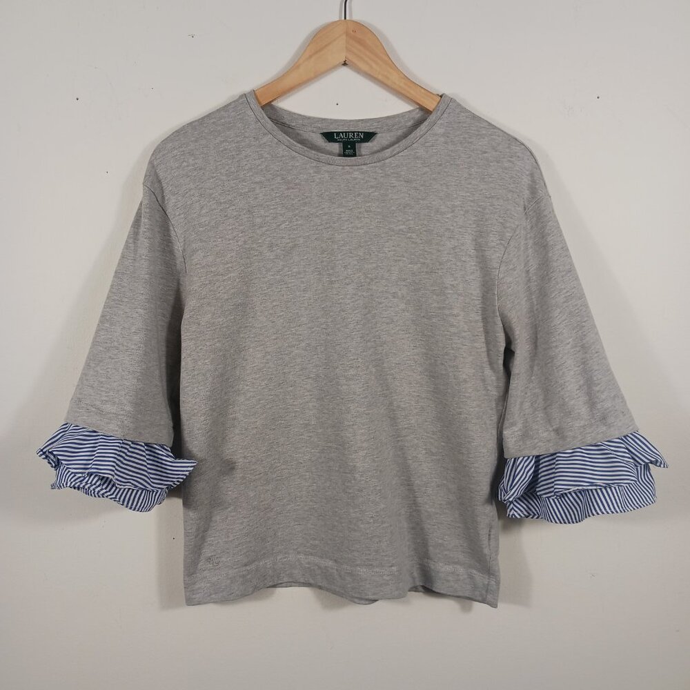 Lauren Ralph Lauren S Casual Gray Top 3/4 Sleeve W/ Navy/White Pinstripe Ruffle - Picture 6 of 15
